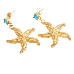 Starfish drop earrings in 18k gold plated steel with blue crystal stud accents