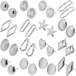 16 pairs of geometric 304 stainless steel stud earrings set in various silver designs