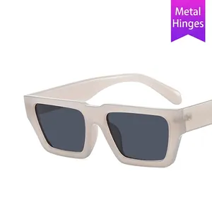 Retro small square frame sunglasses in cream white with premium metal hinges