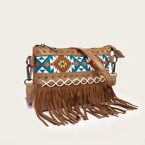 Bohemian tassel crossbody bag with geometric weaving and metal stud decorations