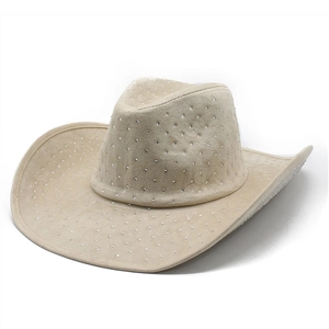 Macro shot of silver rhinestones on beige faux suede western cowboy hat crown