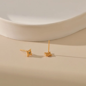 18K gold-plated brass stud earrings with blue turquoise center in ethnic design