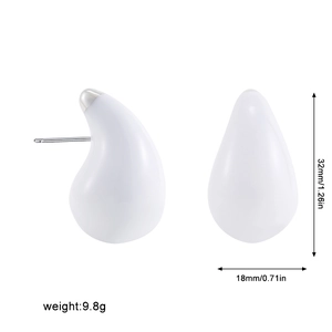 Detailed size specifications for white enamel water drop earrings with metric measurements