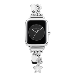 Silver square watch for women with black dial and star charm beaded chain strap