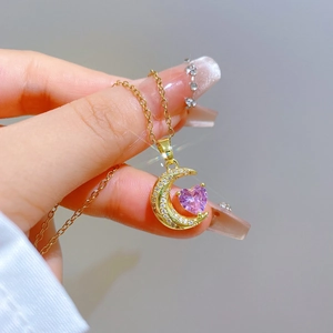 Titanium steel moon necklace with purple heart gemstone and sparkling cubic zirconia