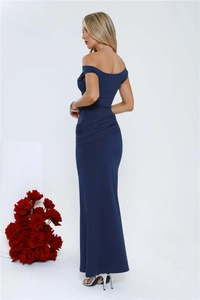 Detail of elegant navy blue off-shoulder slim maxi dress with smooth back tailoring