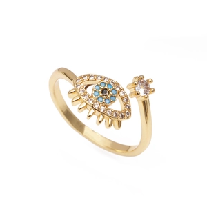 Adjustable evil eye ring with gold plating and multicolored zircon stones on white background