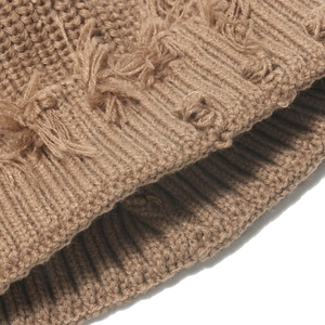 Chic camel distressed knit beanie hat with ribbed texture and vintage fringe details