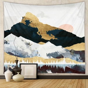 Detail of abstract mountain tapestry with gold texture and dark blue geometric landscape