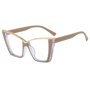 Fashion cat-eye glasses with brown two-tone frame and gold metal top bar detail