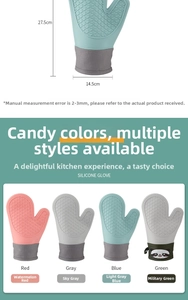 Detailed size chart of heat-resistant silicone oven mitts in four different colors