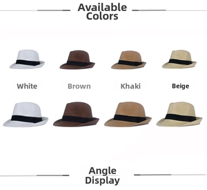 Detail of woven straw fedora hats in white, brown, khaki and beige with black bands