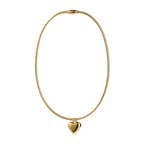 Detailed view of a gold snake chain necklace with a polished 3D heart pendant