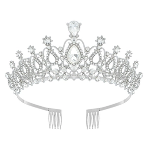Elegant silver bridal tiara with teardrop crystals and sparkling rhinestones for weddings