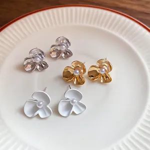 Floral Stud Earrings With Artificial Pearl And 925 Sterling Silver Earring Post French Elegant Simple Flower Jewelry For Women