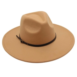 Side view of tan wool felt fedora hat featuring a stylish black leather belt buckle band