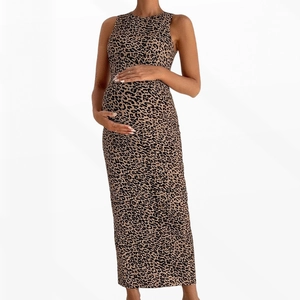 Close-up of leopard print maternity dress featuring a slim fit cut and sleeveless design