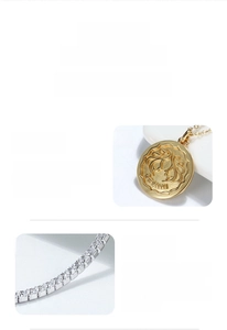 Macro view of gold Gemini medallion pendant with cubic zirconia chain in 925 silver
