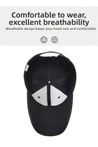 Detail of black baseball cap interior featuring breathable mesh layer and vent holes