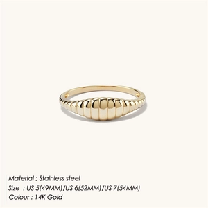 14K gold-plated stainless steel domed thread ring with US sizes 5, 6, and 7 details
