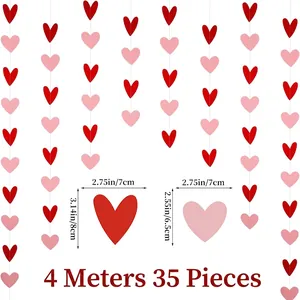 Detail of 4m heart garland with red and pink 35 pieces for wedding and party decor