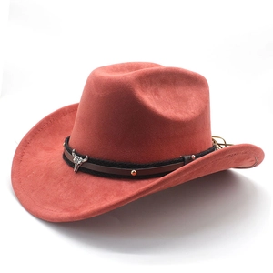 Detail of red felt western cowboy hat featuring silver bull head buckle and studs