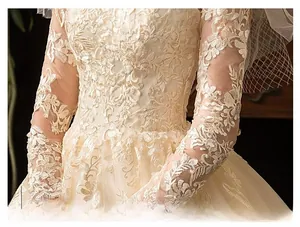Dettaglio dell'abito da sposa champagne con maniche lunghe e pizzo floreale ricamato