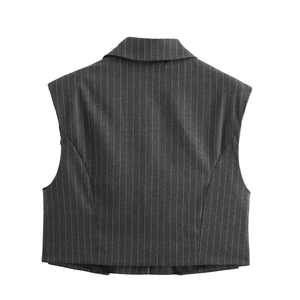 Women's back view of gray striped suit vest with notched lapels and cropped fit