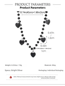 Detailed size parameters for the black beaded necklace with heart-shaped charms