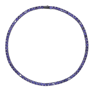 Detail view of 5mm purple round-cut zircon tennis chain necklace with dark metal setting