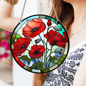 Red Poppy Flower Round Suncatcher Acrylic Hanging Ornament UV Printed Panel With Chain And Suction Cup For Window Decor