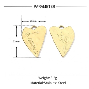 Polished gold heart lock pendant with Amour engraving and product dimension details