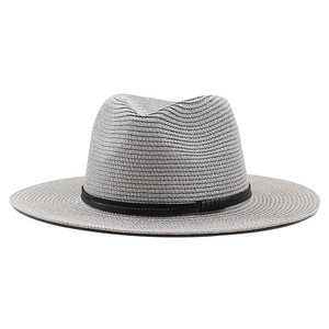 Classic gray woven Panama fedora hat with stylish black band for summer sun protection