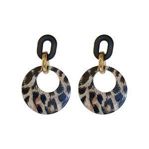 Retro geometric leopard print earrings with black acrylic hoops and gold metal accents