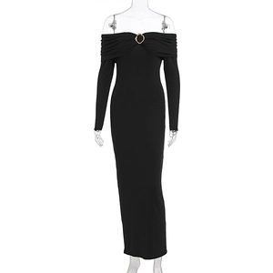 Detail of off-shoulder neckline with elegant pleats and central gold metal ring accent