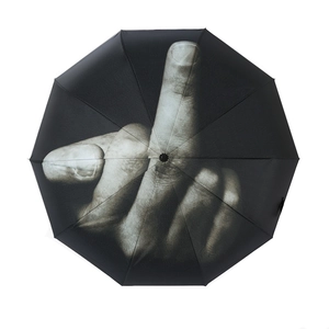 Funny black umbrella featuring a bold white middle finger gesture print on top canopy