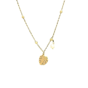Chic gold titanium compass star necklace with tropical leaf pendant and white pearl bead