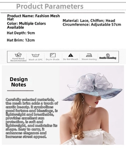 Detail view of lace sun hat with 12cm brim, chiffon mesh bow, and adjustable size specs