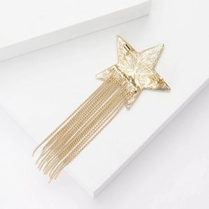 Detail view of the back of a gold star brooch with tassel showing the safety pin clasp