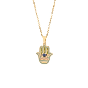 Golden Hamsa Hand necklace with colorful enamel eye pendant on a minimalist chain
