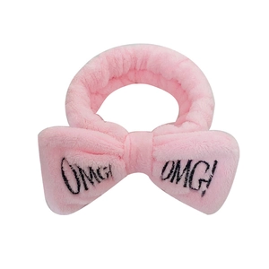 Pink plush spa headband with OMG embroidery and bowknot for face washing