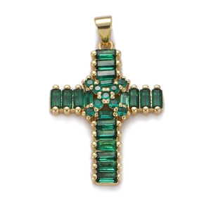 Chic gold-plated copper cross pendant with green zircon stones for DIY necklace