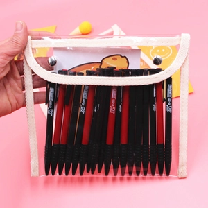 Transparent PVC pencil case with white canvas trim and double silver metal snaps