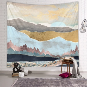 Detailed texture of abstract mountain tapestry with marble patterns and golden accents