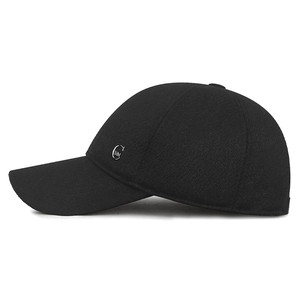Winter men's insulated black baseball cap with windproof ear flaps and metal logo detail
