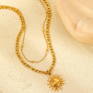 18K gold plated stainless steel sun pendant double layered Cuban chain necklace set