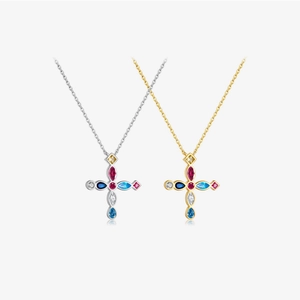 925 Sterling Silver Multi Color Zirconia Cross Pendant Necklace Classic Colorful Gemstone Banquet Jewelry For Women