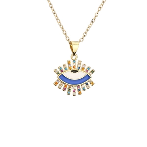 Golden Evil Eye necklace with blue enamel and sparkling colorful zircons for women