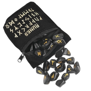 25 pieces of natural black crystal rune stones in a gold-printed black velvet pouch
