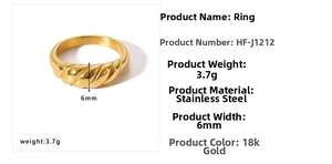 Detailed view of 6mm 18k gold plated stainless steel croissant ring with 3.7g weight